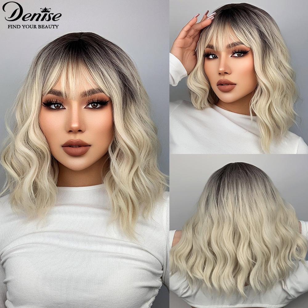 Короткий Боб, розовый синтетический парик с омбре для женщин с челкой, объемная волна, синтетические волосы для косплея, Лолита, термостойкие натуральные волосы