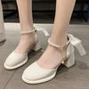 Fashion Pearl Ankle Buckle Thick Heel Pumps Women Back Bowtie Lace Up Mary Jane Shoes Woman 2024 Autumn Platform High Heels Dress Shoes