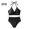 Комплект из 2 предметов: летний комплект бикини, бюстгальтер с лямками на шее и плиссировкой, плавки с высокой талией, однотонный купальник