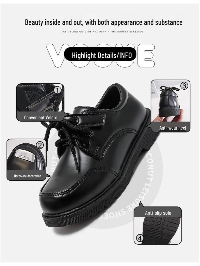 Мальчиковые черные кожаные школьные туфли - Корейский стиль, мягкая подошва, весна/осень 2025