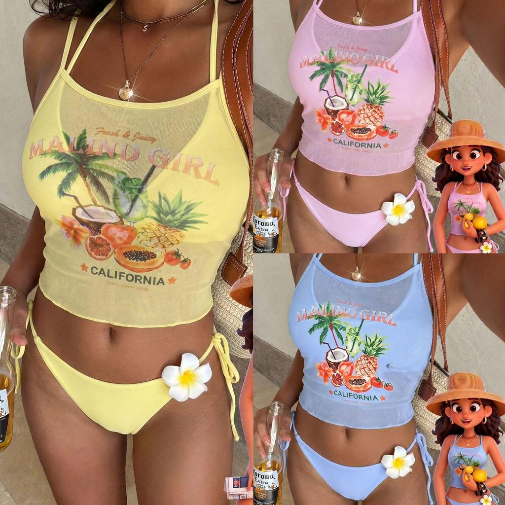 European and American New Tropical Fruit Print Neck Bikini Sexy Vacation Swimsuit