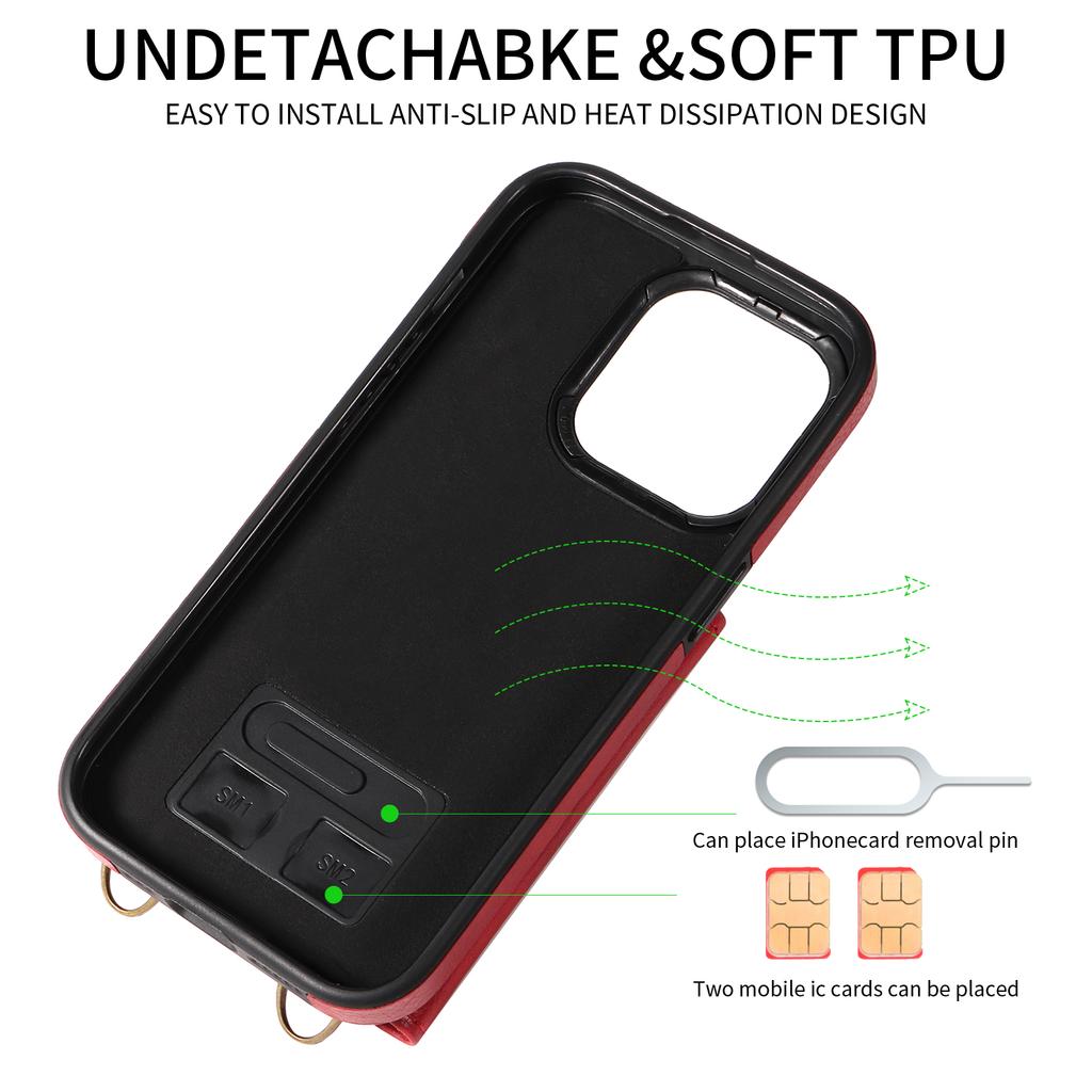 Для iPhone 16 серии. Для iPhone 16, 16 Plus, 16 Pro, 16 Pro Max плечевой ремень веревка кольцо кронштейн дизайн держатель для карт слоты личи узор чехол для телефона