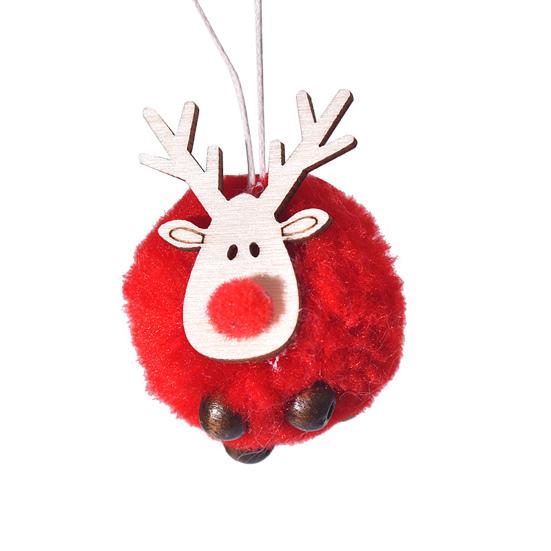 Pom Pom Reindeer Christmas Ornament Plush Elk Hanging Ornaments Wooden Deer Slices Xmas Tree Pendants for Home Party Holiday Decor
