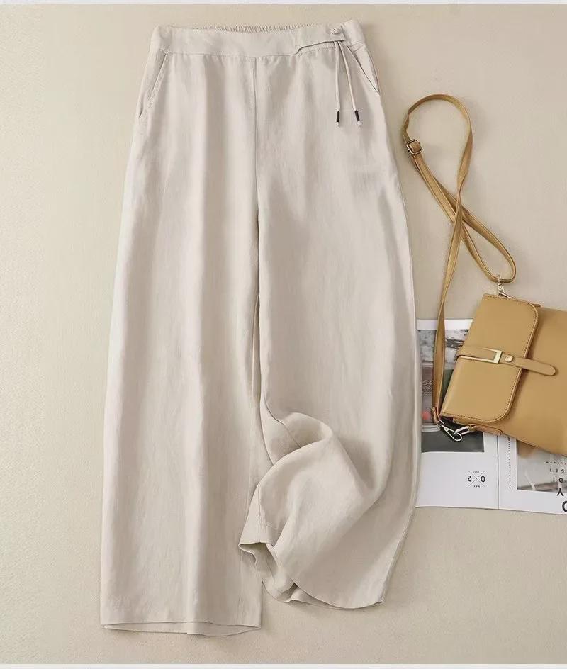 New Women's High-Waisted Retro Wide-Leg Pants - Spring/Summer Casual Cotton & Linen Draped Trousers