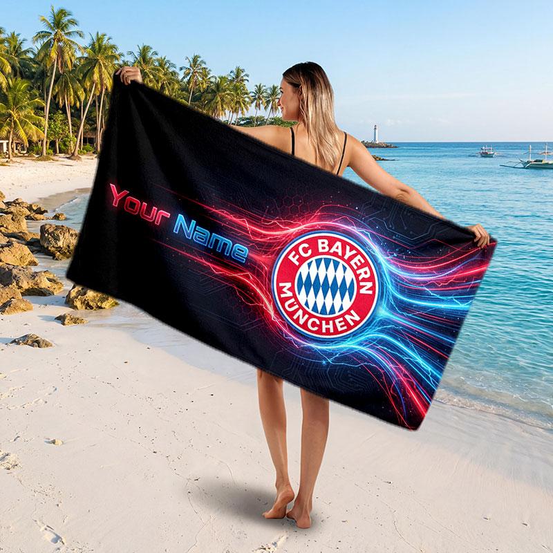 Bayern Munich Custom Beach Towel, Personalized Name Text Print, Football Logo Soft Quick‑Dry Towel Holiday Gift