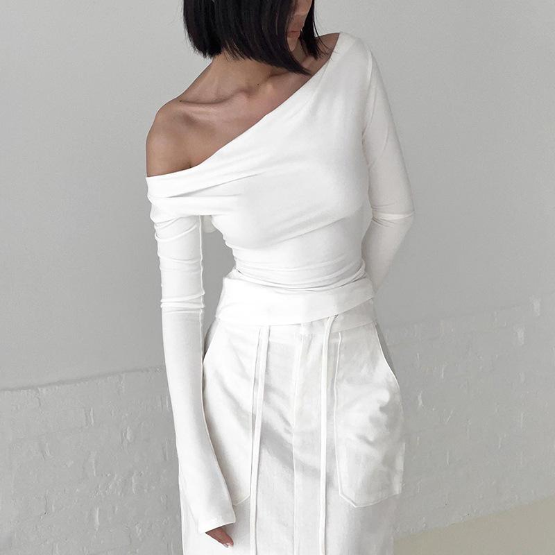 YYFS Женская мода повседневная весна осень однотонный принт длинный рукав одно плечо блузки и рубашки