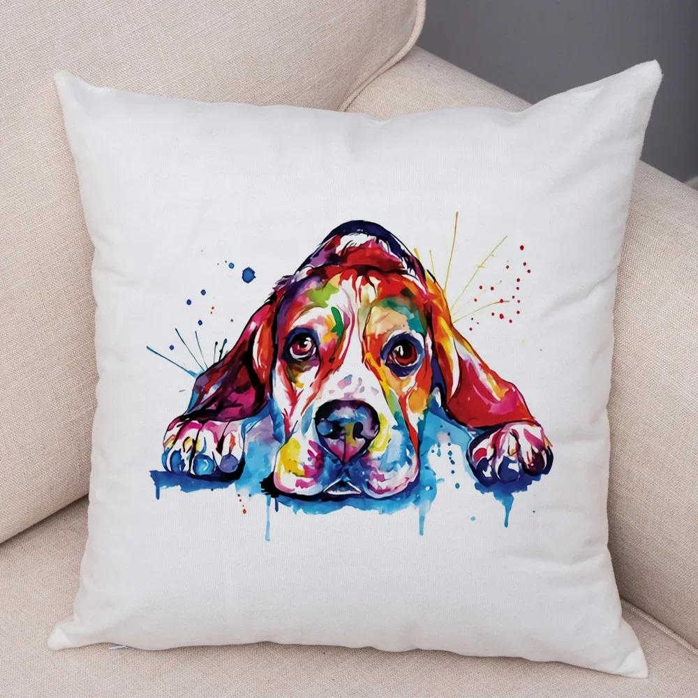 Super Cute Watercolor Dog Throw Pillow Cover With Short Plush Print For Living Room Sofa Decoration Cushion Cover Pillow Covers