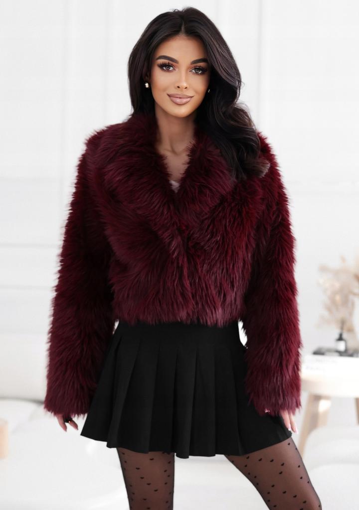 Women' Fur Jacket Short Fur Coat With Collar Burgundy Uni
