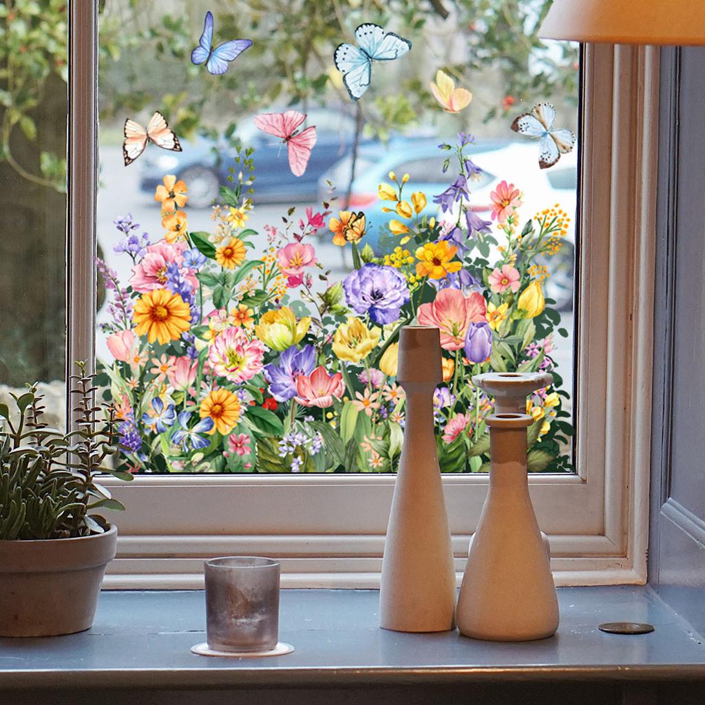 Цветная стеклянная электростатическая наклейка с изображением цветка и бабочки, двухсторонняя визуальная наклейка на окно, наклейка для украшения дома, которую можно удалить