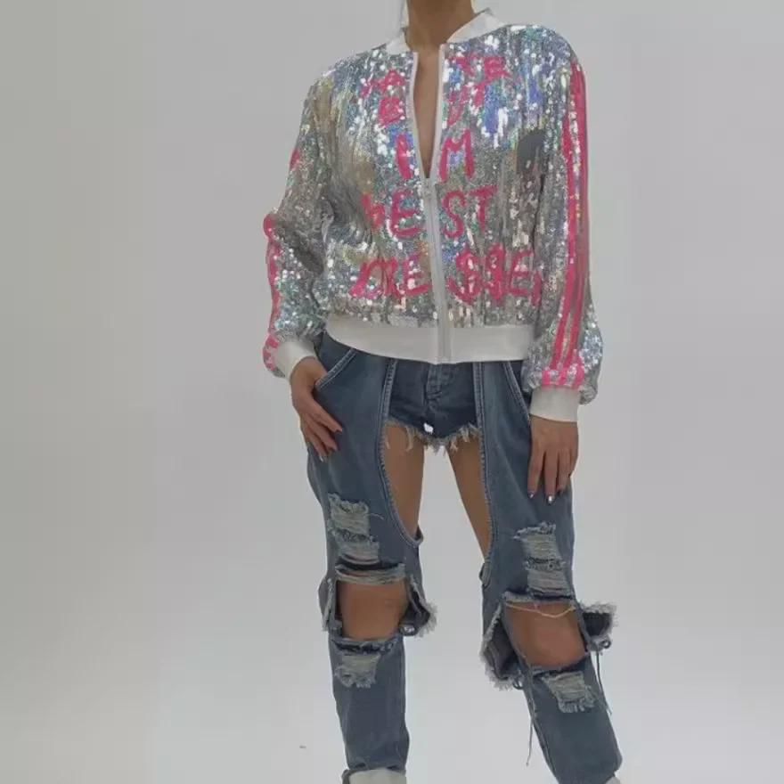 Бейсбольная куртка с пайетками в европейском и американском стиле 2024 года
