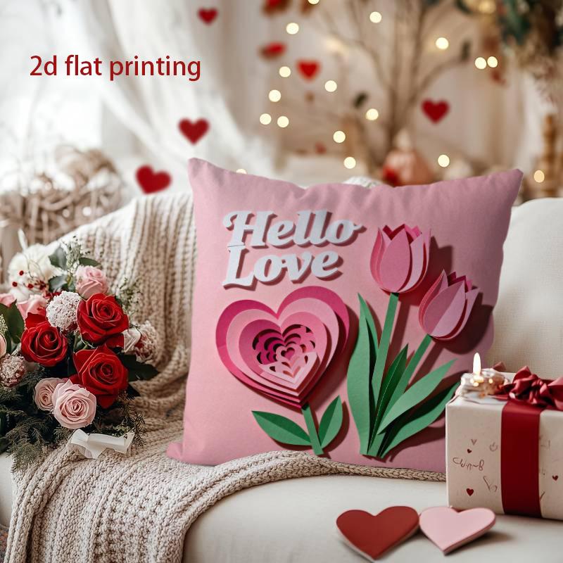 Hello Love Tulips and Heart 3D-Printed Pillow Cover Pattern Cushion Cover Suitable for Sofa Bedroom Car Pillow Cover