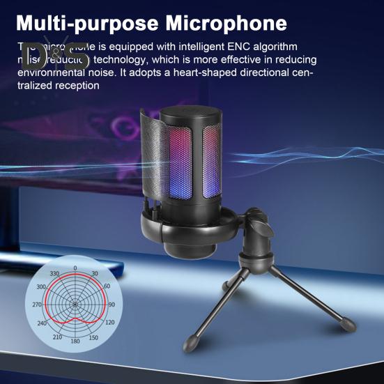 Gaming Microphone with Tripod Stand Noise Reduction RGB Breathing Light Design Gain Control Plug-Play Universal USB Microphone