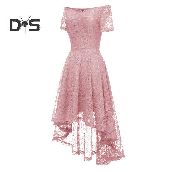 Женское вечернее платье с открытыми плечами, цветочное кружево, нерегулярное платье с высоким низким подолом, V-образным вырезом и коротким рукавом, сплошное цветное свадебное коктейльное вечернее платье