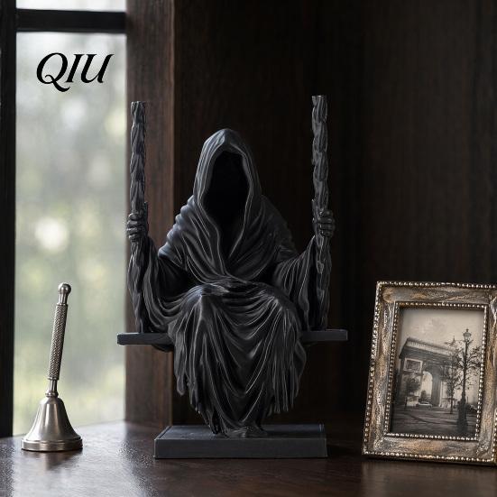 Matte Black Gothic Figure 3D Printed Sitting Reaper Statue, Faceless Man in Robe on Swing Sculpture Figurine, Cloak Ornament, Dark Style Figurine