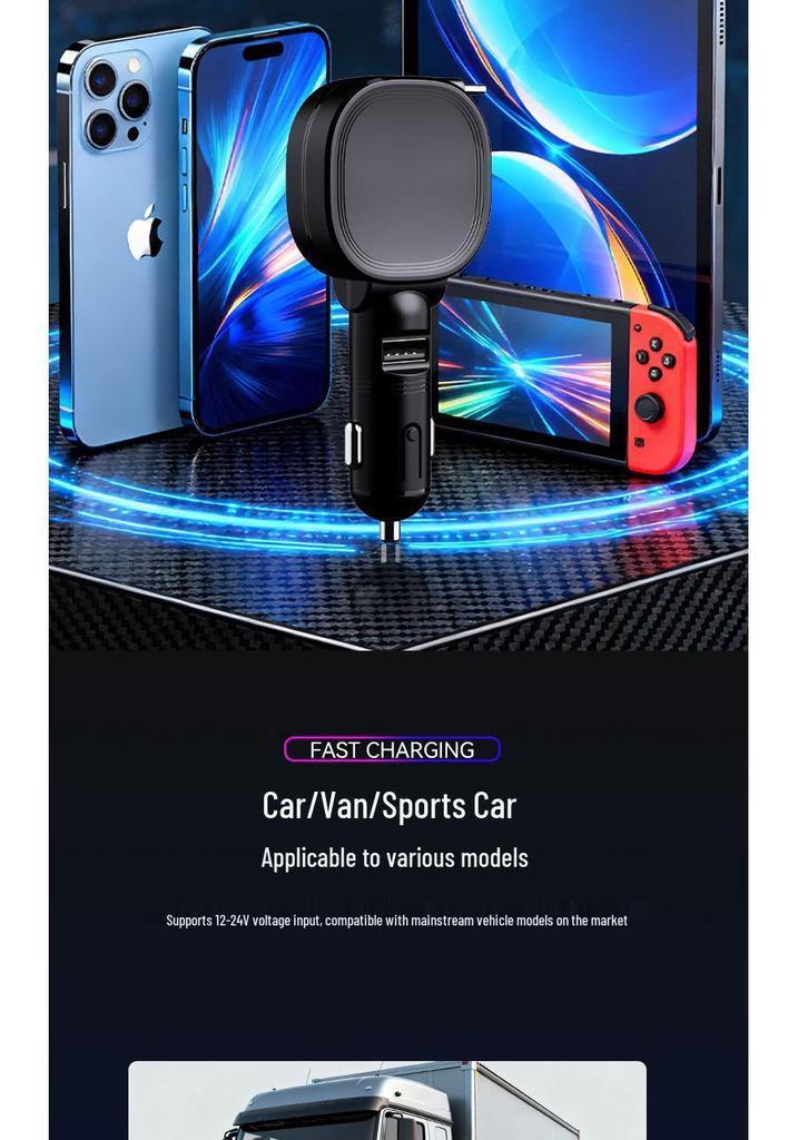 45W Car Charger with Retractable Cable, Fast Charging for Apple, Huawei - Fits Car Cigarette Lighter