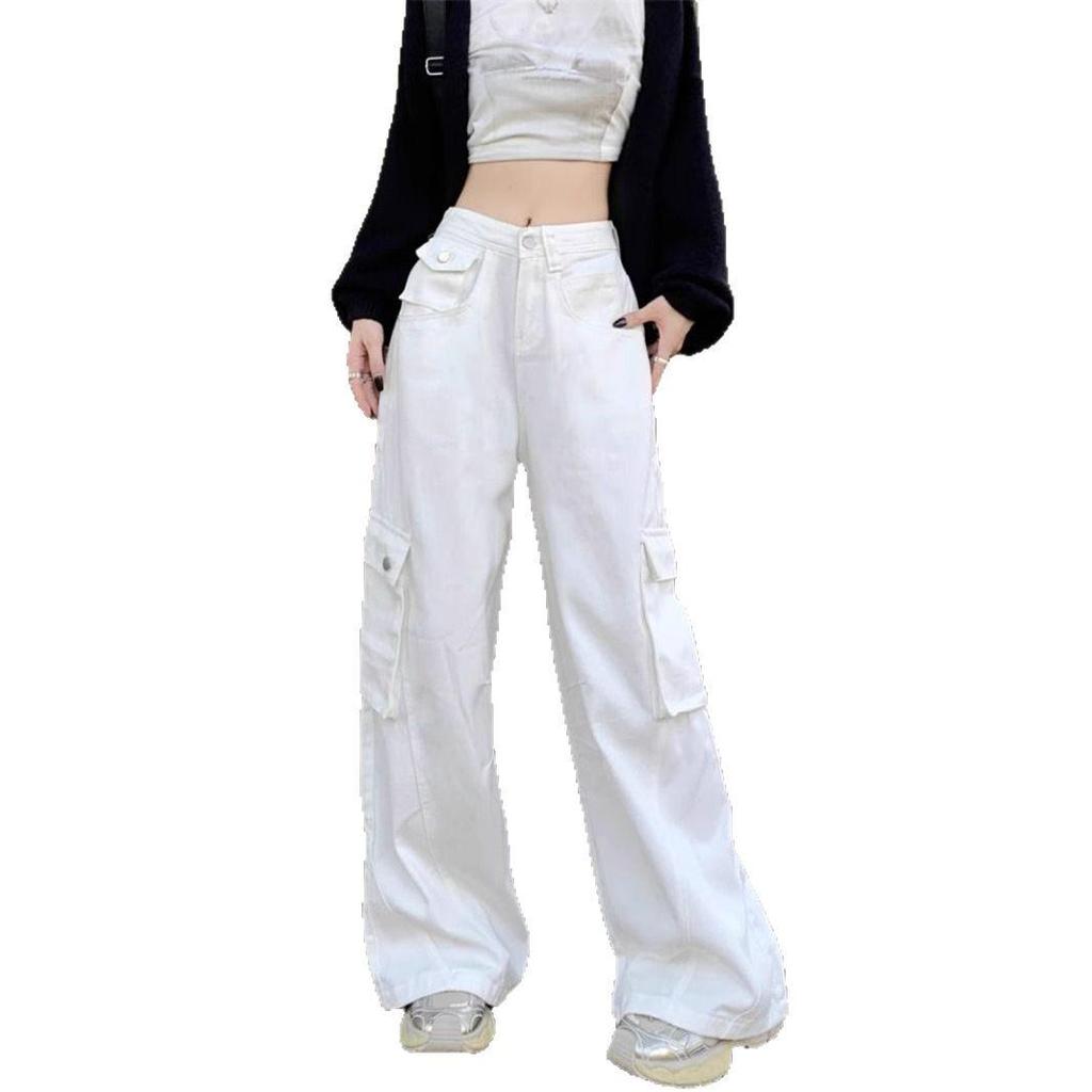 Women's High-Waist White Cargo Jeans with Wide Legs - Autumn Collection