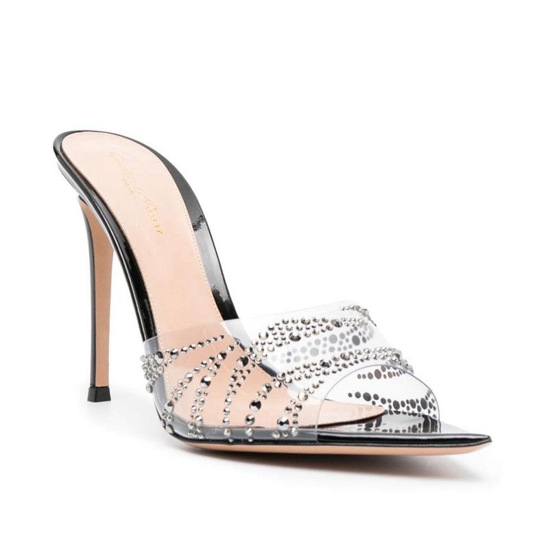 Модные прозрачные летние шлепанцы на высоком каблуке в европейском и американском стиле, с блестящими стразами, на тонком каблуке, заостренные, однотонные, босоножки на высоком каблуке