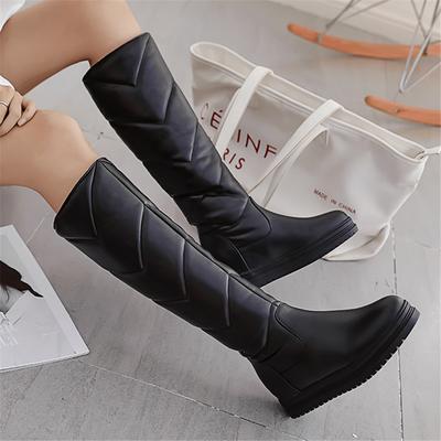 Мода 2025 Зимние Женские Теплые Сапоги до Колена на Платформе с Увеличением Высоты Женские Зимние Сапоги из ПУ Кожи Слипоны Круглый Носок Женские Сапоги