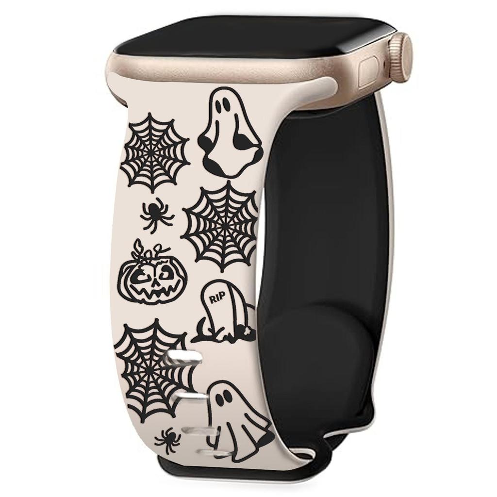 Силиконовый ремешок с гравировкой призрака и пряжкой-бабочкой для Apple Watch iWatch8 - Хэллоуинская версия
