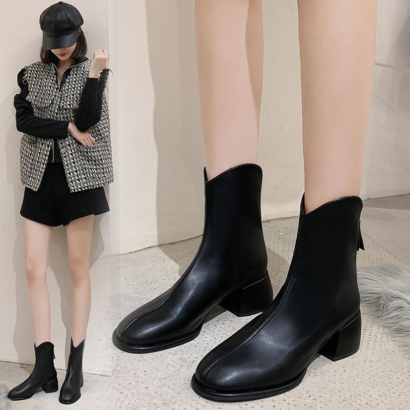 Короткие сапоги на грубом каблуке, женские модные кожаные сапоги с застежкой-молнией сзади, большие размеры, сексуальные сапоги Martin, модные сапоги в стиле темперамент