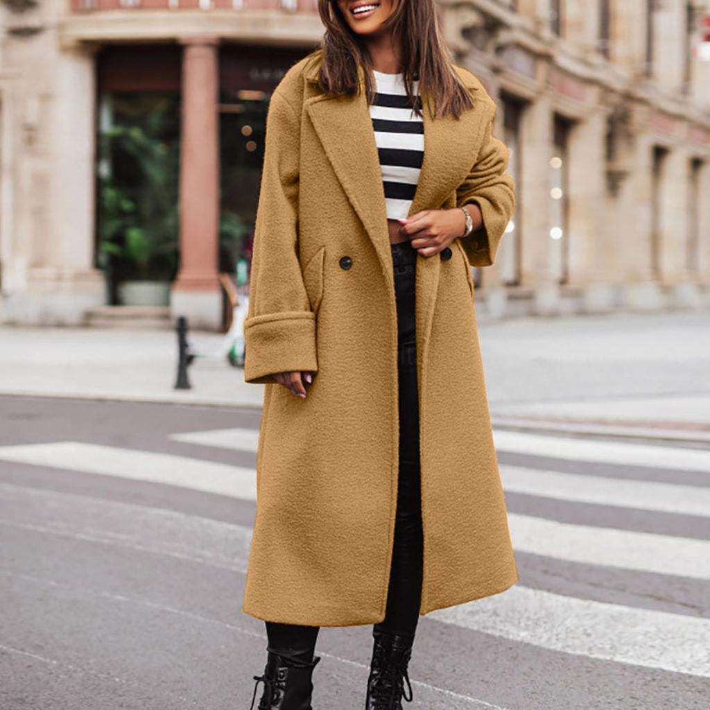 Women's Fashion Casual Loose Fitting Solid Color Long Suit Collar Jacket Woolen Coat