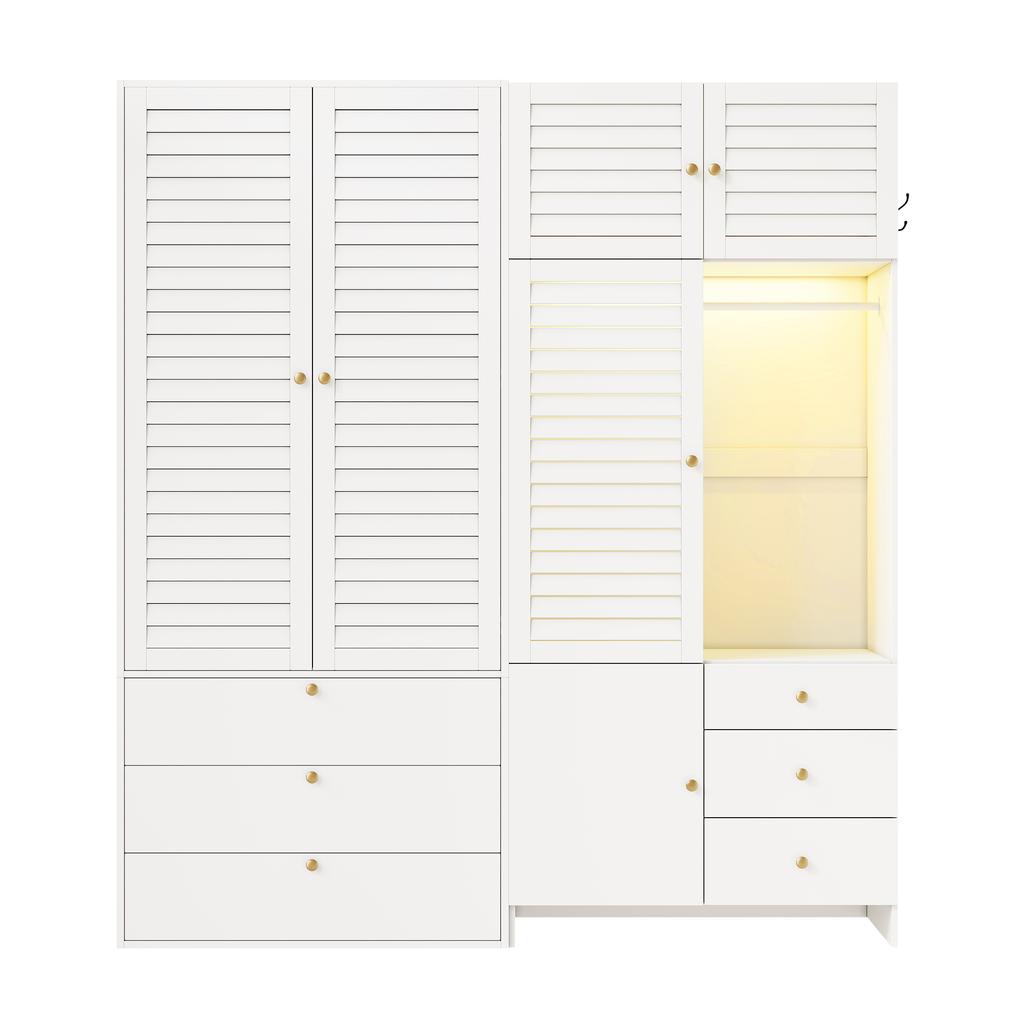 Wardrobe, with Laundry Basket and LED Lighting, White, 180 x 50 x 200 cm, Hinged Door Wardrobe, with 2 Clothes Rails, 1 Laundry Basket and 6 Drawers