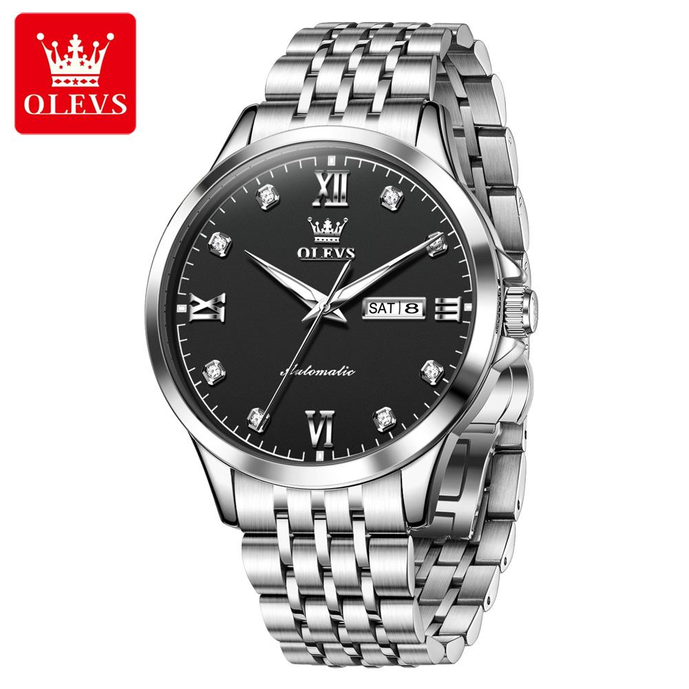 OLEVS 7092 Automatic Men's Watches Stainless Steel Dual Calendar Diamond Roman Scale Classic Luxury Business Mechanical Watches