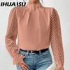 Women's Autumn Winter Half High Neck Patchwork Chiffon Long Sleeve Top