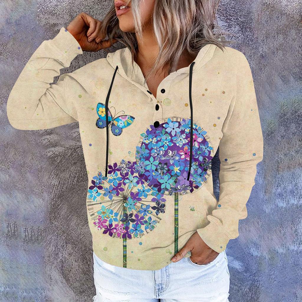 Женский повседневный модный пуловер с длинным рукавом и цветочным принтом, топ с капюшоном