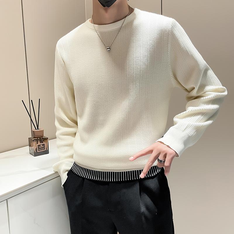 Поддельный двухсекционный жаккардовый мужской свитер с круглым вырезом, новый зимний свитер, модный мужской свитер на осень и зиму