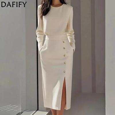 Женская мода весна осень однотонный принт с длинным рукавом и круглым вырезом с высокой талией повседневные платья