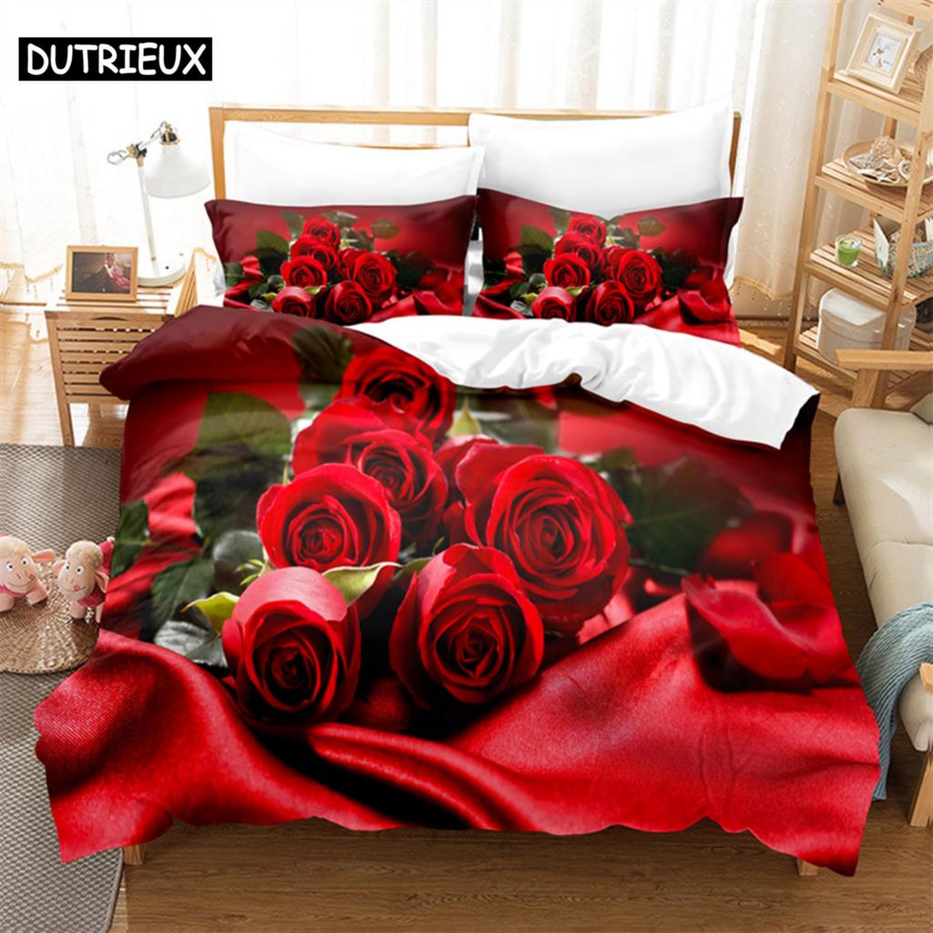 3D Принт Красной Розы - 3 предмета Комплект Пододеяльников, Доступен в размерах Кинг, Квин, Двуспальный, Односпальный и Двойной