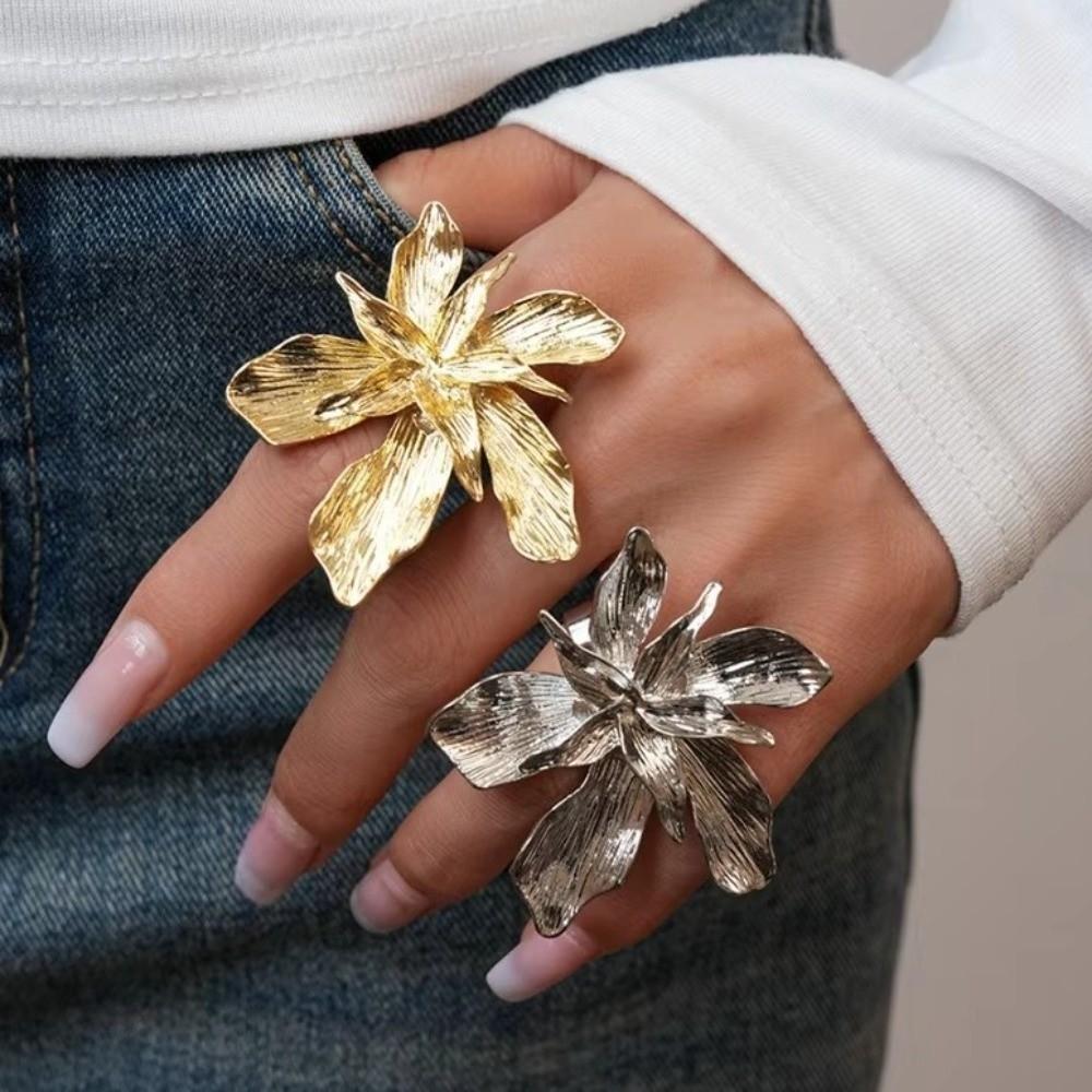 Adjustable Metal Flower Ring Double Layered Irregular Geometric Petal Ring  Trendy