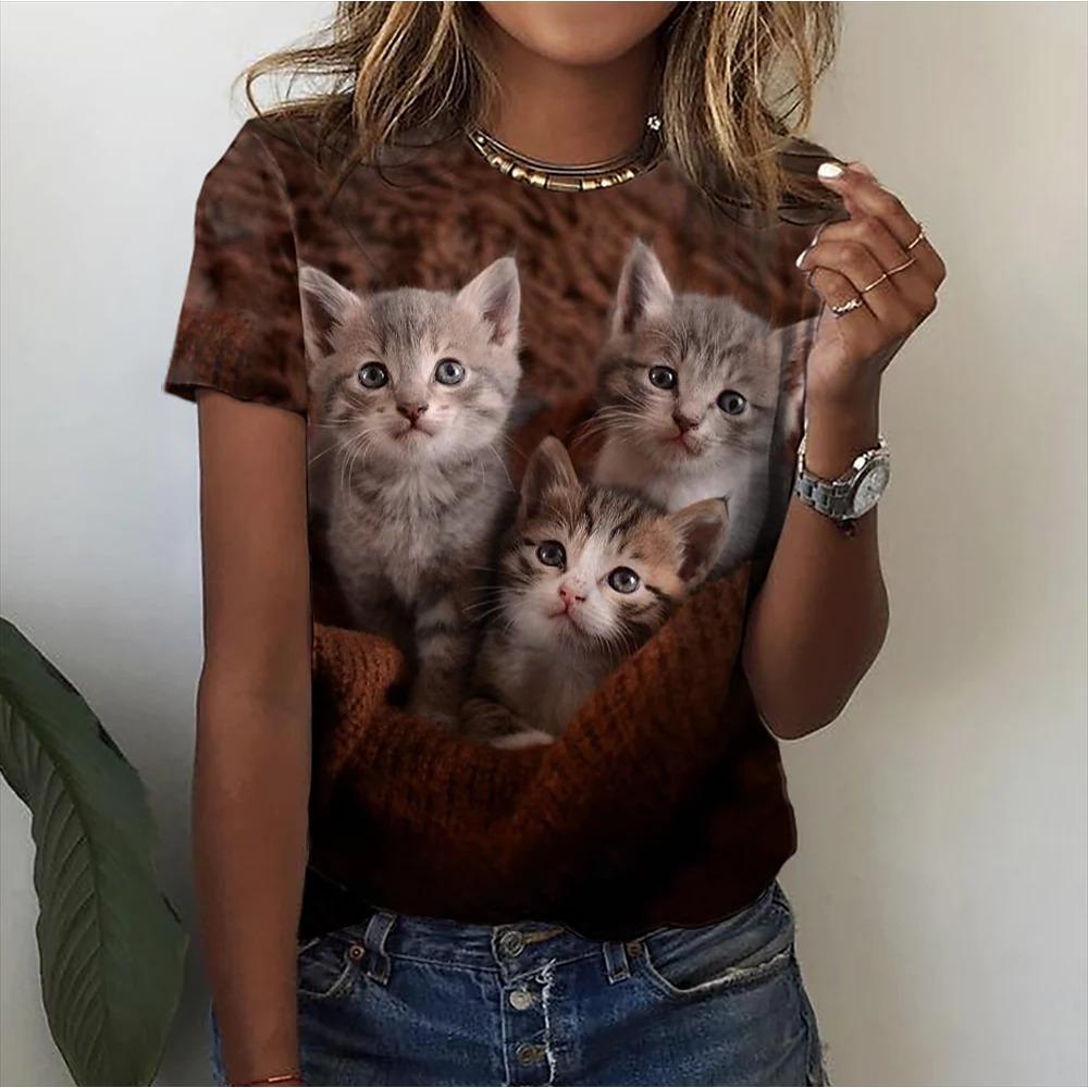 Women's 3d Cute Cat Pattern Printed T-shirt Summer Fashion Popular Clothing Casual Daily Wear