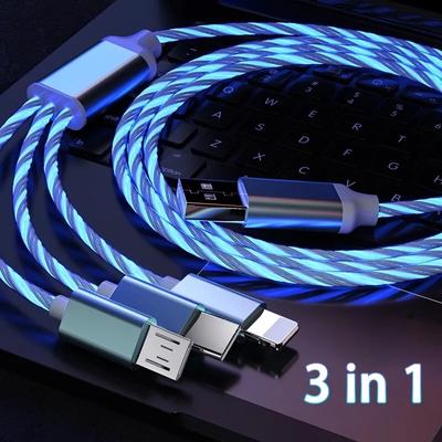 3 в 1 3A светящийся светодиодный светильник для быстрой зарядки, кабель Micro USB Type C для iPhone, Samsung, Xiaomi, Redmi, зарядное устройство для телефона, USB-кабель