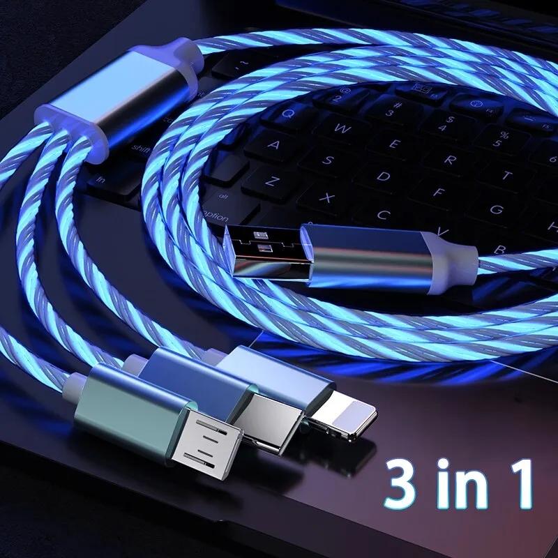 3 в 1 3A светящийся светодиодный светильник для быстрой зарядки, кабель Micro USB Type C для iPhone, Samsung, Xiaomi, Redmi, зарядное устройство для телефона, USB-кабель
