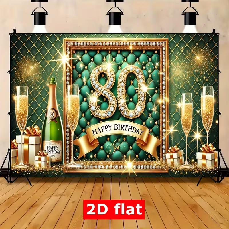 2D 80th Birthday Celebration Backdrop, Emerald Green Gold Tufted Champagne Party Photo Booth Background