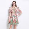 Summer Women Vintage Print Runway Dresses V-neck Flare Sleeve Single Breasted Mini Short Party Dress