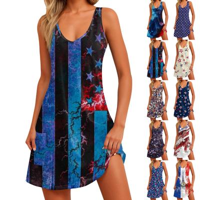 Женское повседневное платье с принтом для независимого дня, жилет с v-образным вырезом и пляжное платье с карманами