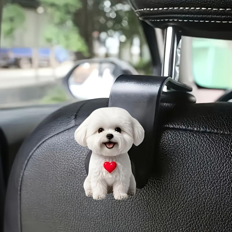 Cute white Pomeranian car hook, 2D acrylic dog hidden organizer, backrest clip. Multi-function for cars, SUVs, no-drill install.