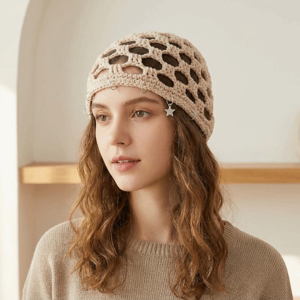Hollow Out Knit Beanies Star Tassels Weave Cap Fashion Crochet Hollow Knitted Hat Outdoor