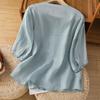 Women's Cotton Linen Tops Retro Chinese Button Top 3/4 Sleeve V Neck Shirts