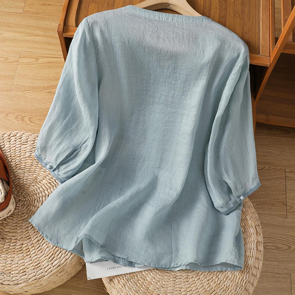 Women's Cotton Linen Tops Retro Chinese Button Top 3/4 Sleeve V Neck Shirts
