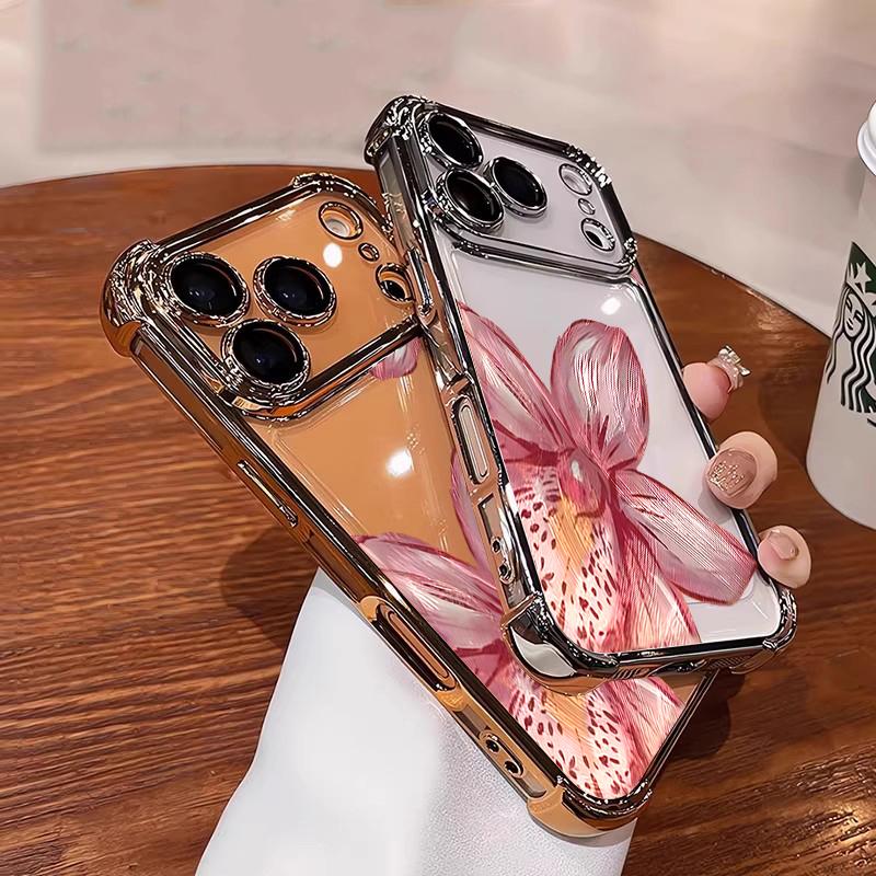 Чехол для IPhone 17 Air 16 11 12 13 14 Pro Max 15 Plus Розовый Рисунок Цветущей Персиковой Ветки Электроокрашенный Прозрачный Ударопрочный Мягкий Чехол