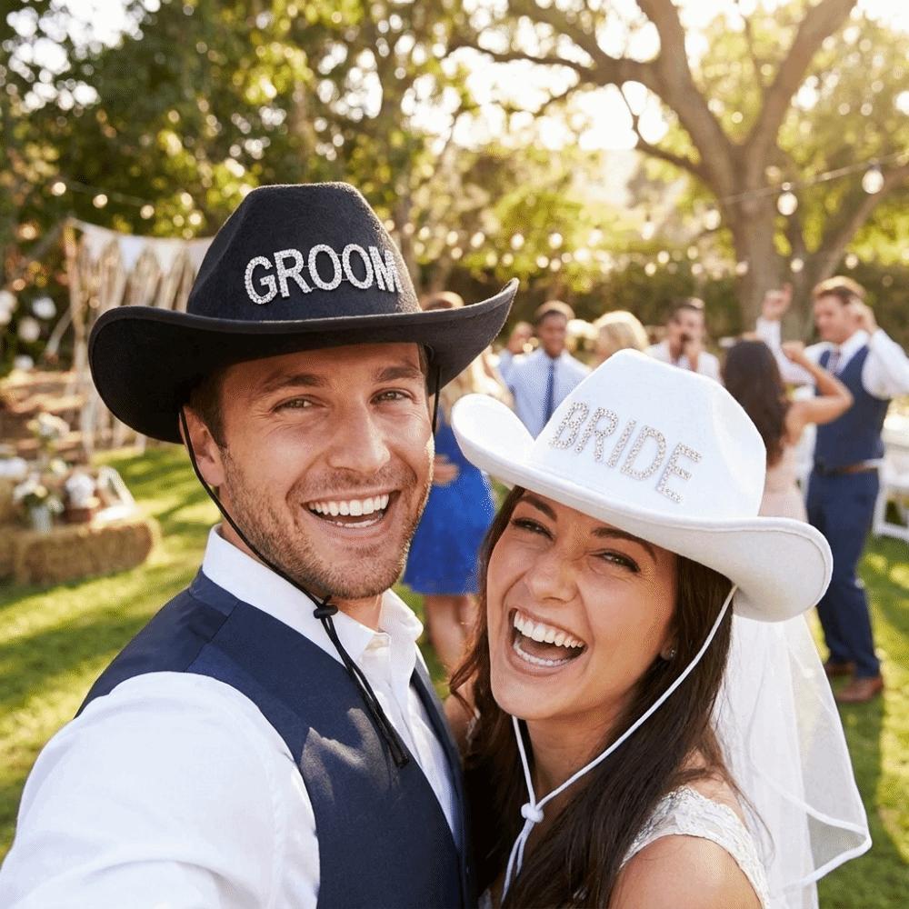 Wide Brim Bride White Cowboy Veil Hat Non-woven Fabric Cowboy Pearl Bride Hat Bridal Showers