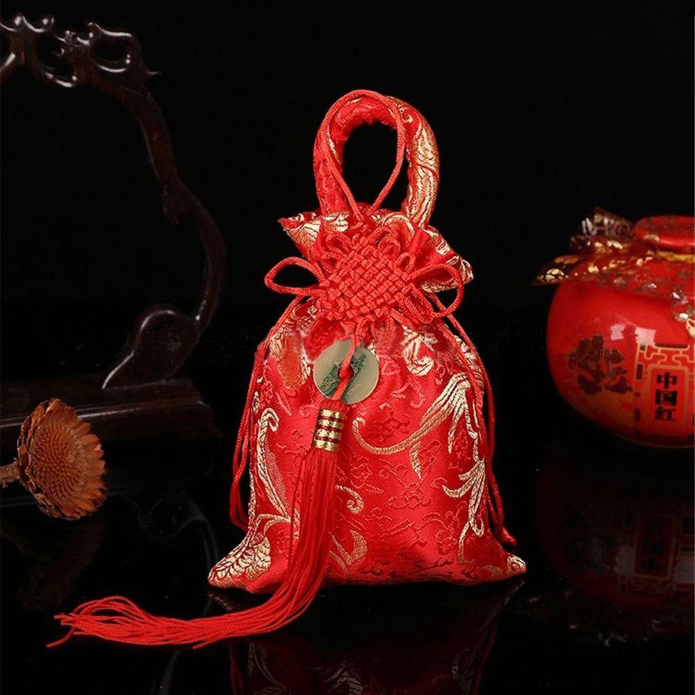 Chinese Style Canvas Flower Drawstring Bag Large Capacity Festive Sugar Bag New Year