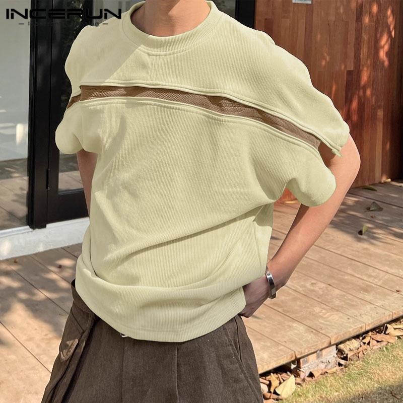 INCERUN Men Short Sleeve Hollow Patchwork Zip-up Casual Loose T-shirts