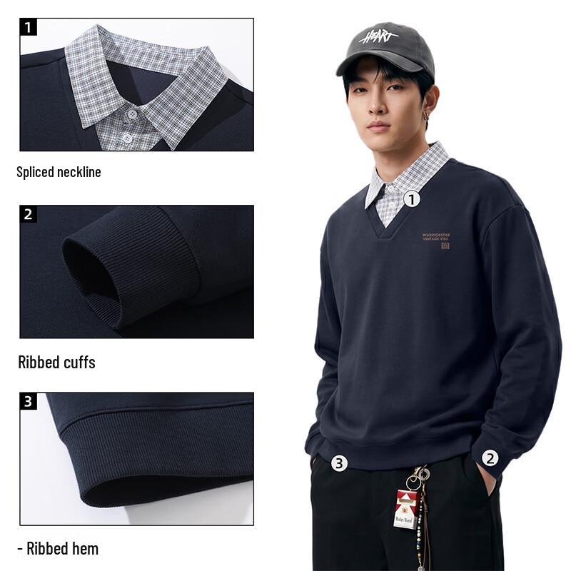 Warrior Vintage Polo-Collar Faux-Two-Piece Pullover Sweatshirt