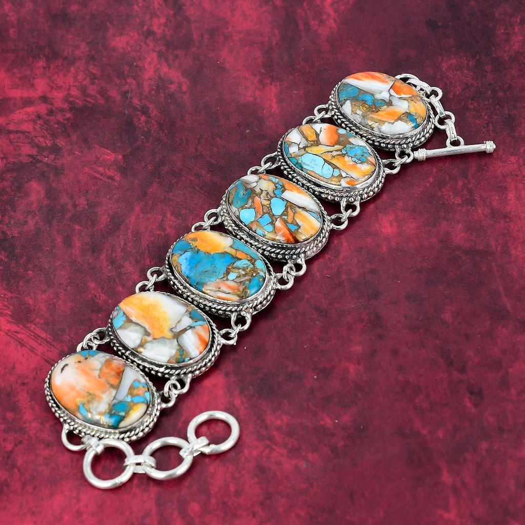 Оранжевая колючая устрица Ювелирный браслет ручной работы из драгоценных камней, браслет из стерлингового серебра 925 пробы, регулируемый браслет-цепочка Натуральные украшения Подарок на годовщину