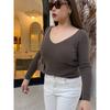 Miss Biggie European and American Plus Size Chubby Girl Slimming Versatile Large V-neck Pullover Long Sleeve Knitted Top